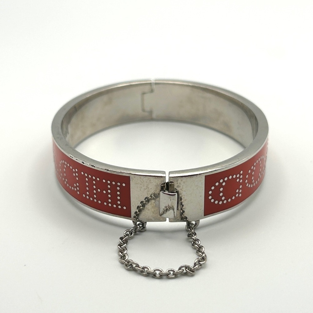 Vintage Coach Red Enamel Logo Bangle Bracelet – Hinged with Safety Chain 7” - Picture 3 of 13